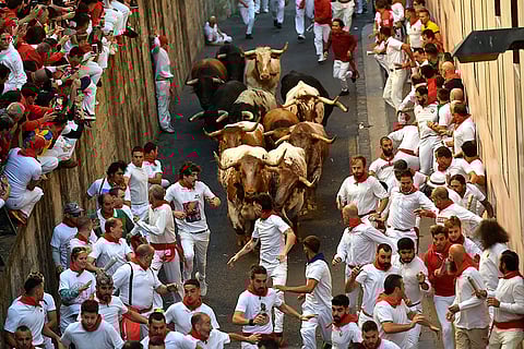 Revelers run with bulls during the second day of festival